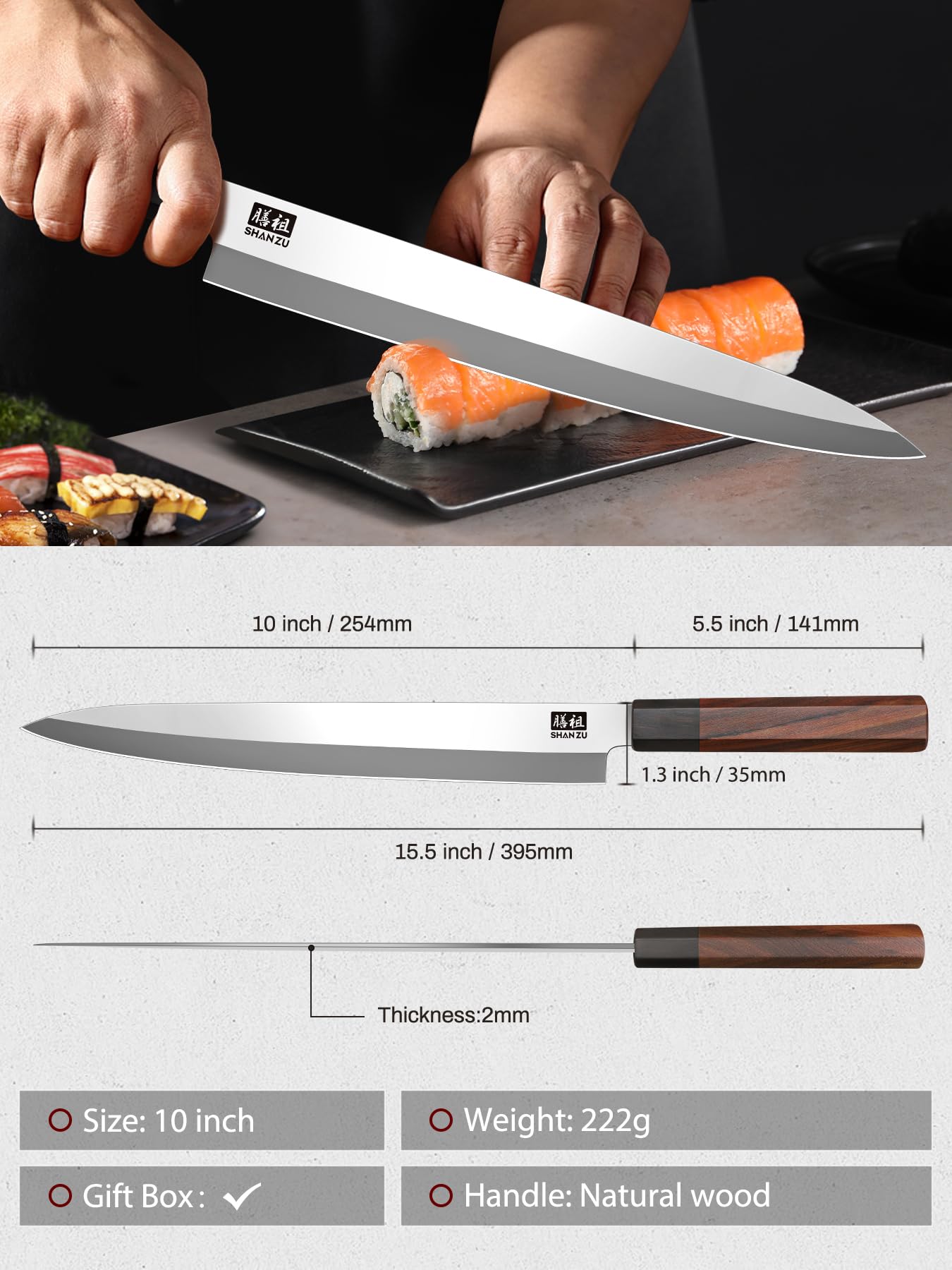 Navaja SHAN ZU sashimi multifuncional para uso versátil.