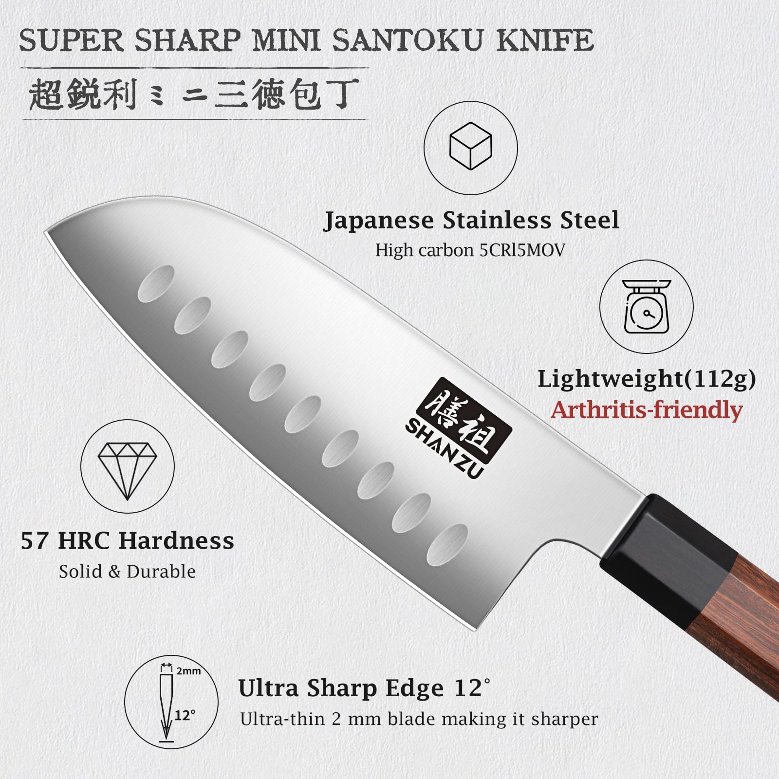 SHAN ZU Santoku con acero 5Cr15Mov para cortes afilados.