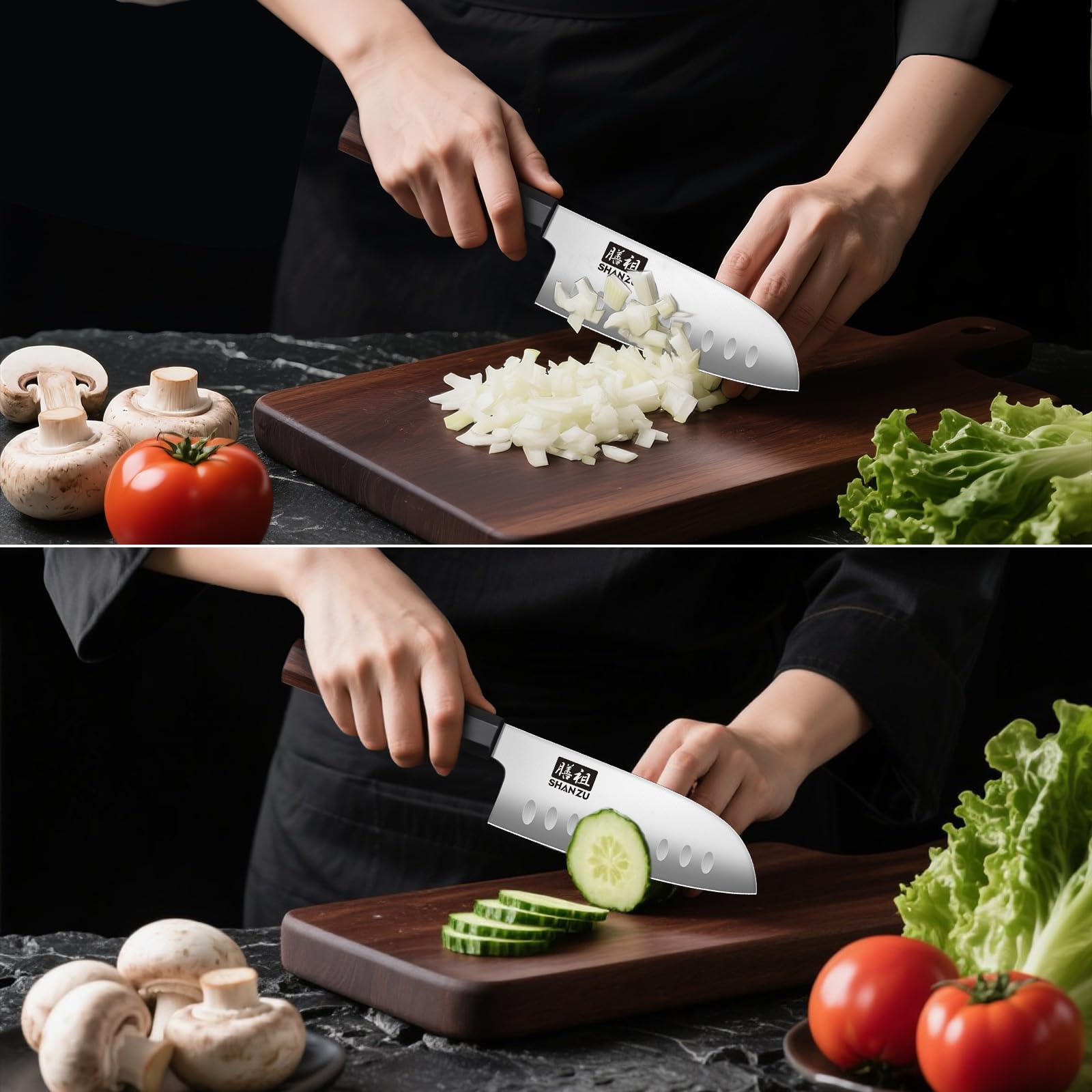 SHAN ZU Santoku ergonómica para mano, reduce esfuerzo en cortes repetidos.