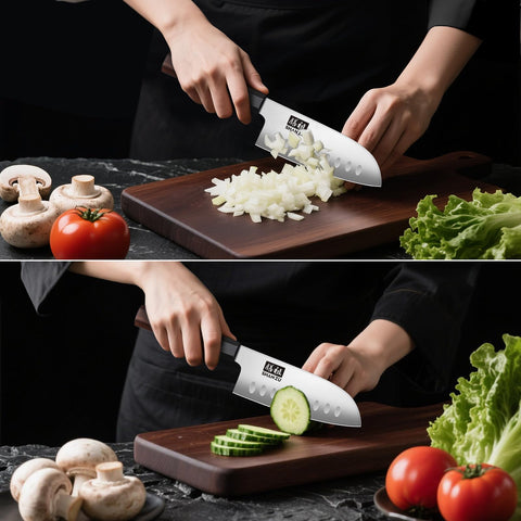 SHAN ZU Santoku ergonómica para mano, reduce esfuerzo en cortes repetidos.