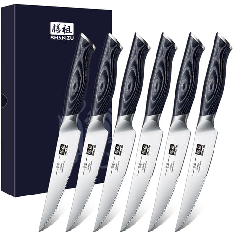 SHAN ZU seis cuchillos steak 4-5 pulgadas con filo duradero para carnes