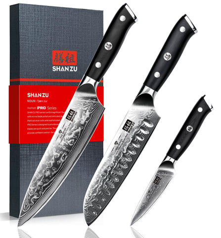 Cuchillos SHAN ZU Damascus 3 piezas frente, cortes precisos y elegantes.
