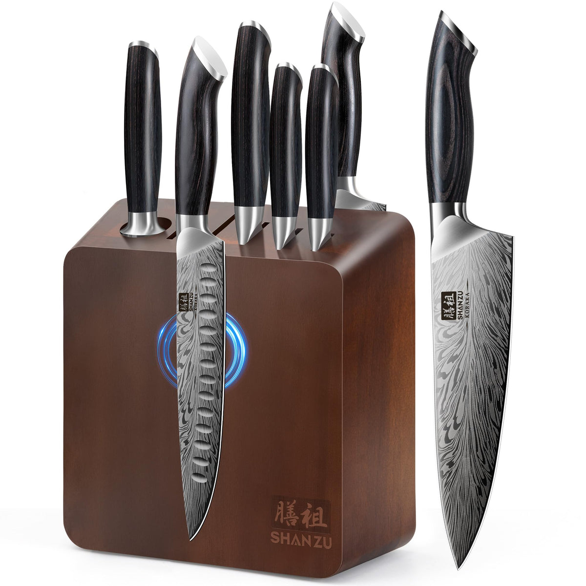 SHAN ZU set de cuchillos con bloque magnético de doble cara para almacenamiento seguro.