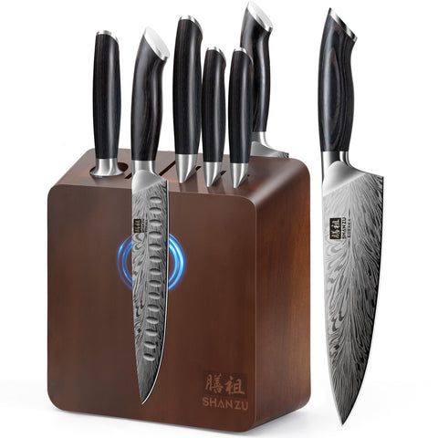 SHAN ZU set de cuchillos con bloque magnético de doble cara para almacenamiento seguro.
