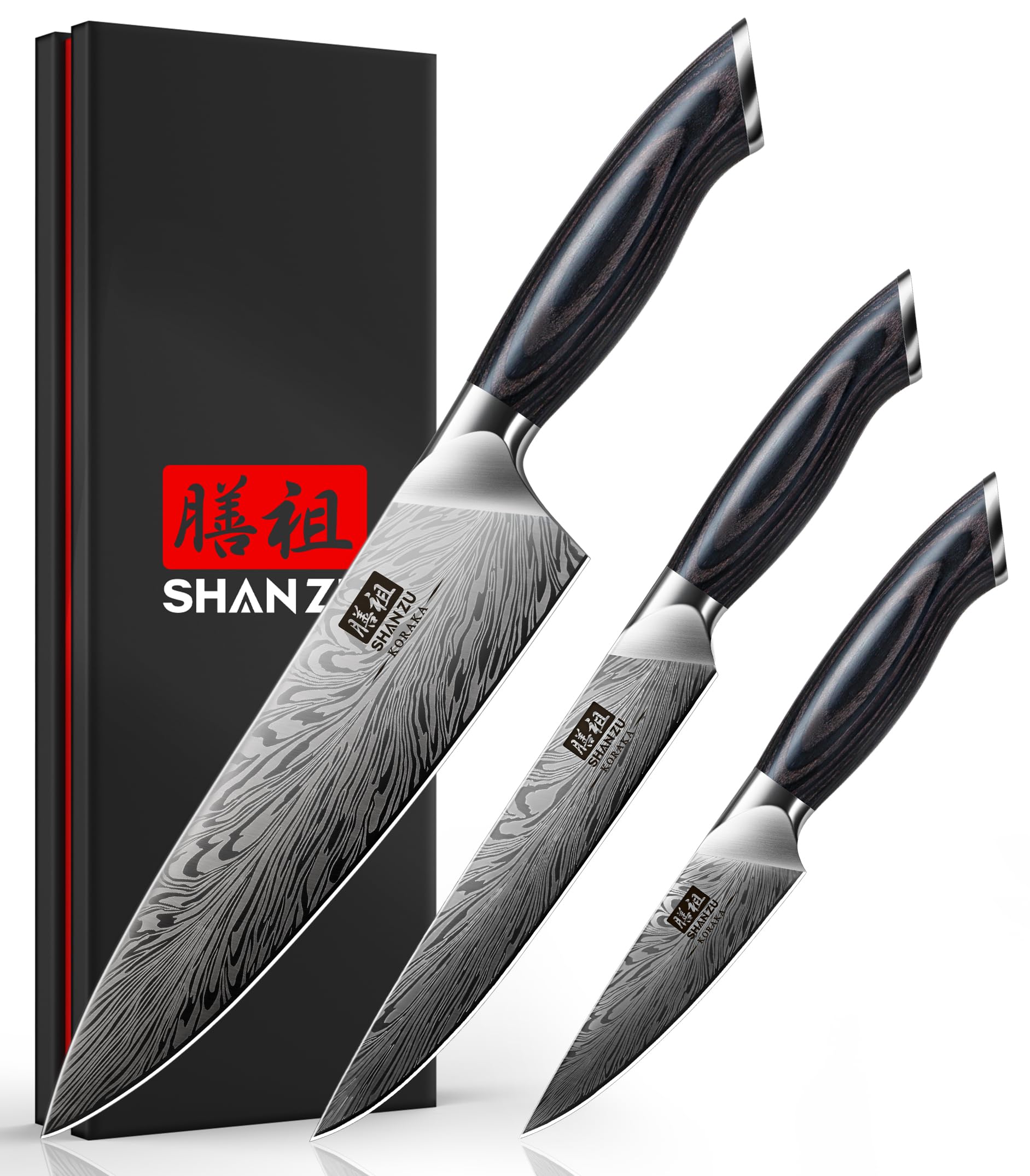 Conjunto SHAN ZU: cuchillos de cocina trio con mango de pakkawood para manejo cómodo.