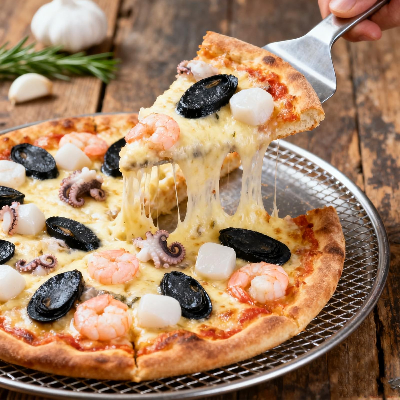 Uso versátil en horno para pizzas clásicas y con toppings gourmet.