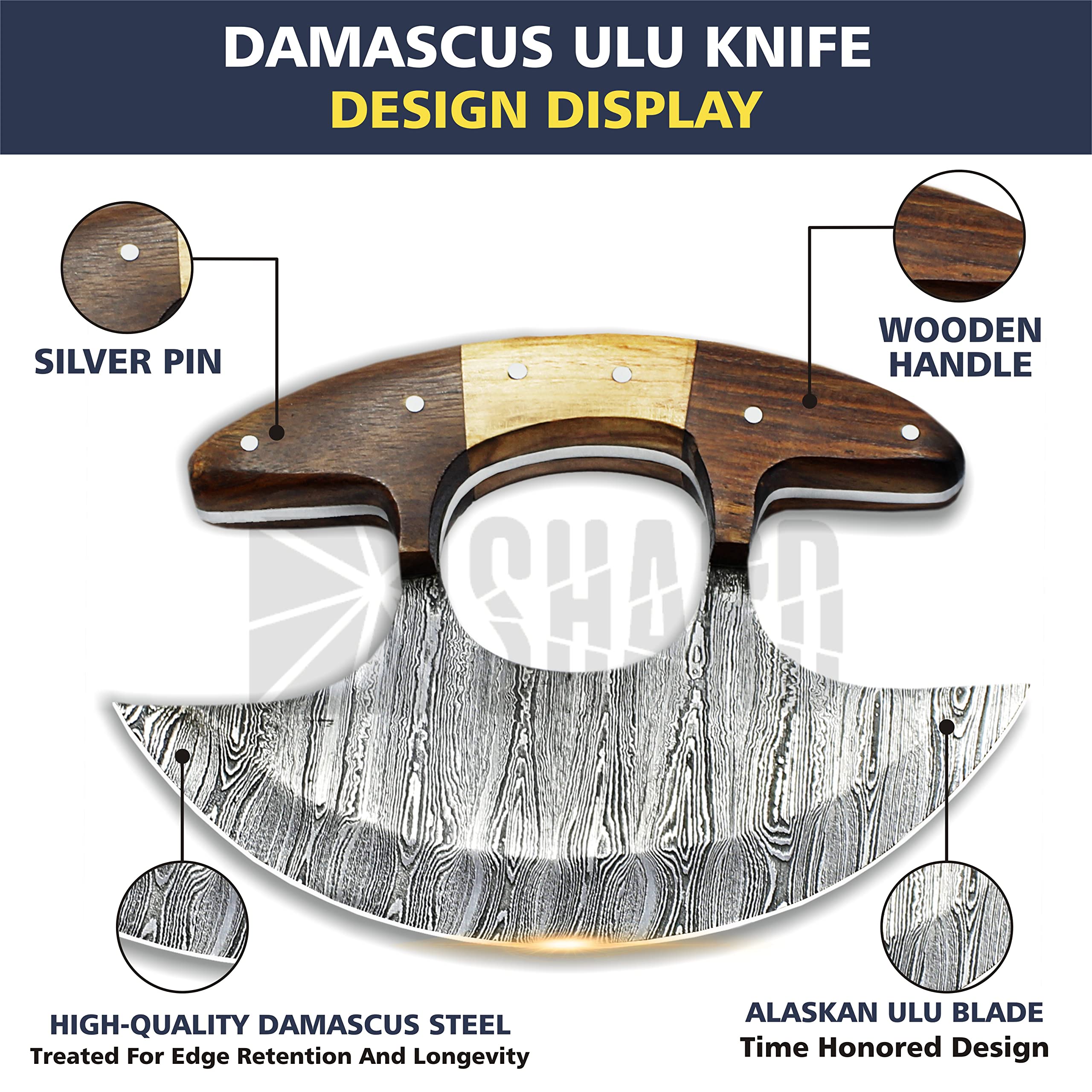 Cortador de pizza rocker SHARDBLADE Ulu, hoja damasco para cortes limpios.