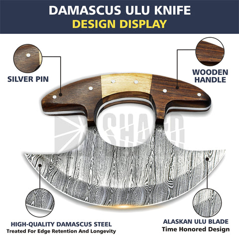 Cortador de pizza rocker SHARDBLADE Ulu, hoja damasco para cortes limpios.