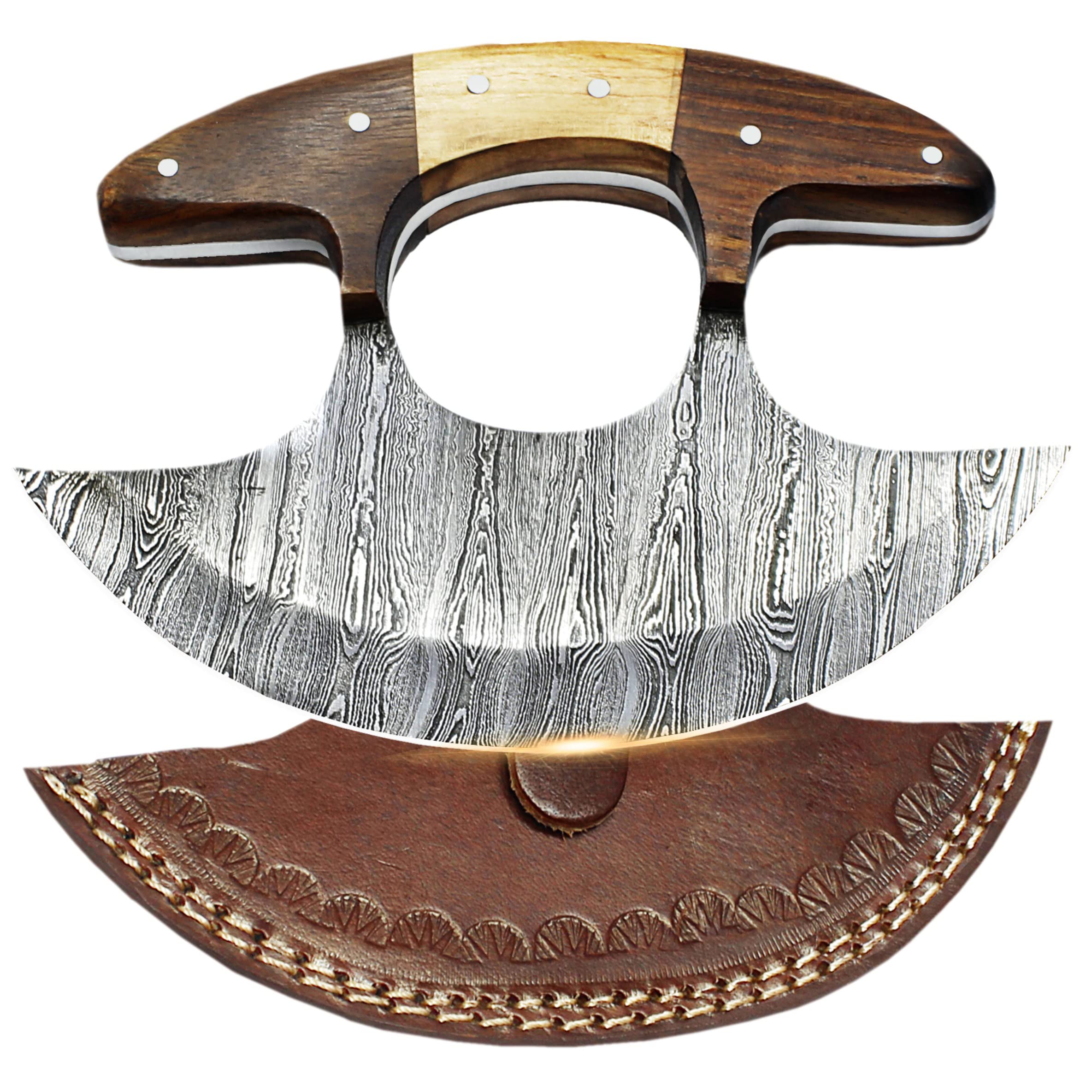 Cuchillo SHARDBLADE Ulu de Alaska, hoja de acero damasco de 6 pulgadas para cortes precisos.