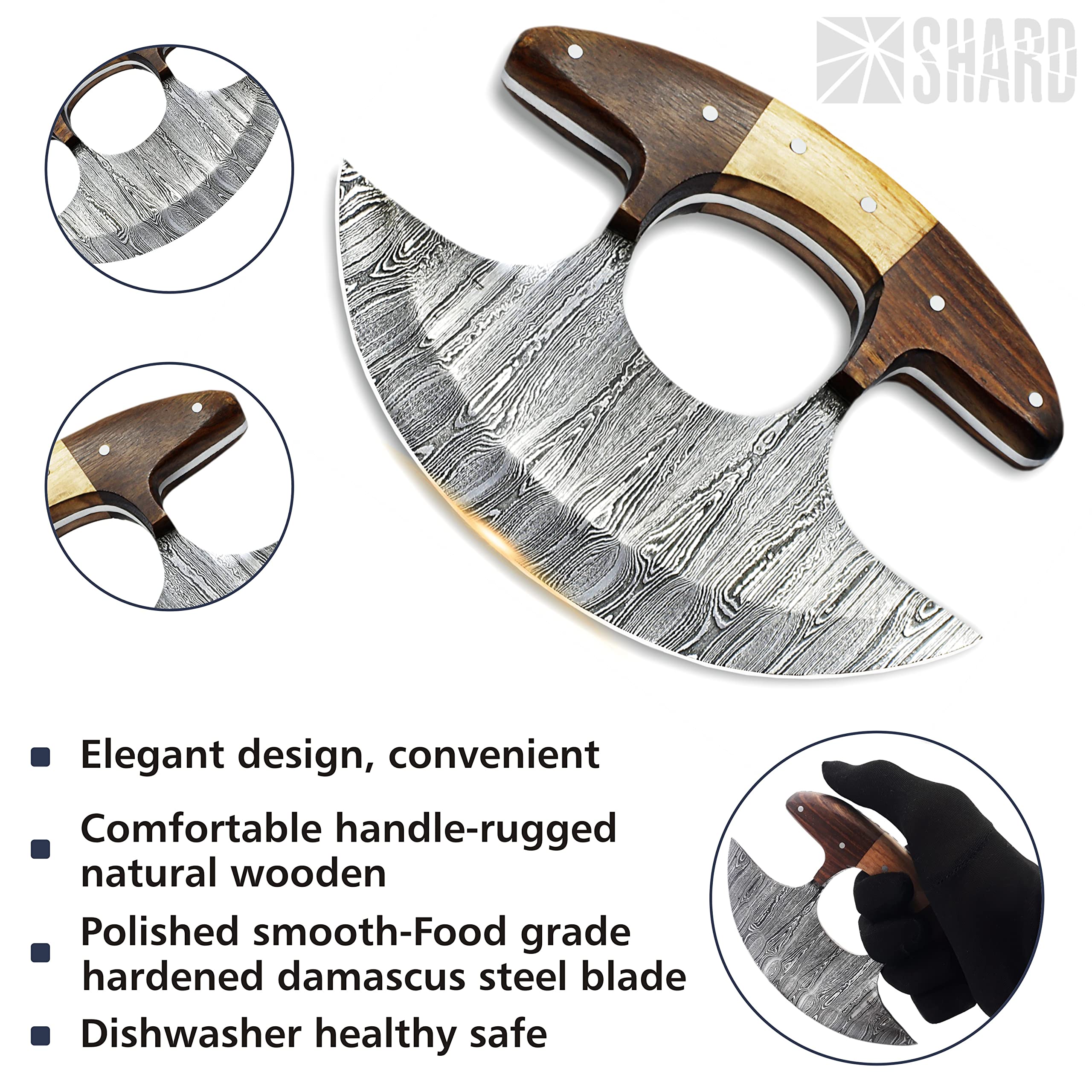 SHARDBLADE Ulu con mango de madera antideslizante para un agarre cómodo.