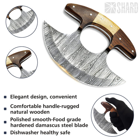 SHARDBLADE Ulu con mango de madera antideslizante para un agarre cómodo.