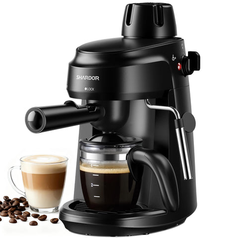 La SHARDOR cafetera-expreso de 4 tazas, vista frontal para cocinas pequeñas.
