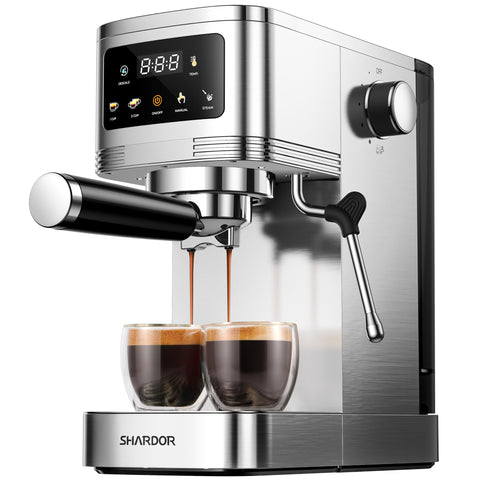 SHARDOR máquina de espresso con panel táctil para seleccionar una o dos tazas.