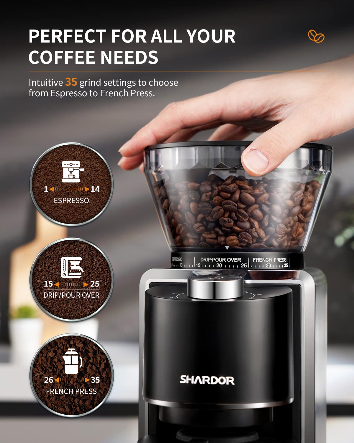 SHARDOR molinillo permite 2–12 tazas para frescura y desperdicio mínimo.