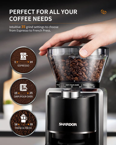 SHARDOR molinillo permite 2–12 tazas para frescura y desperdicio mínimo.