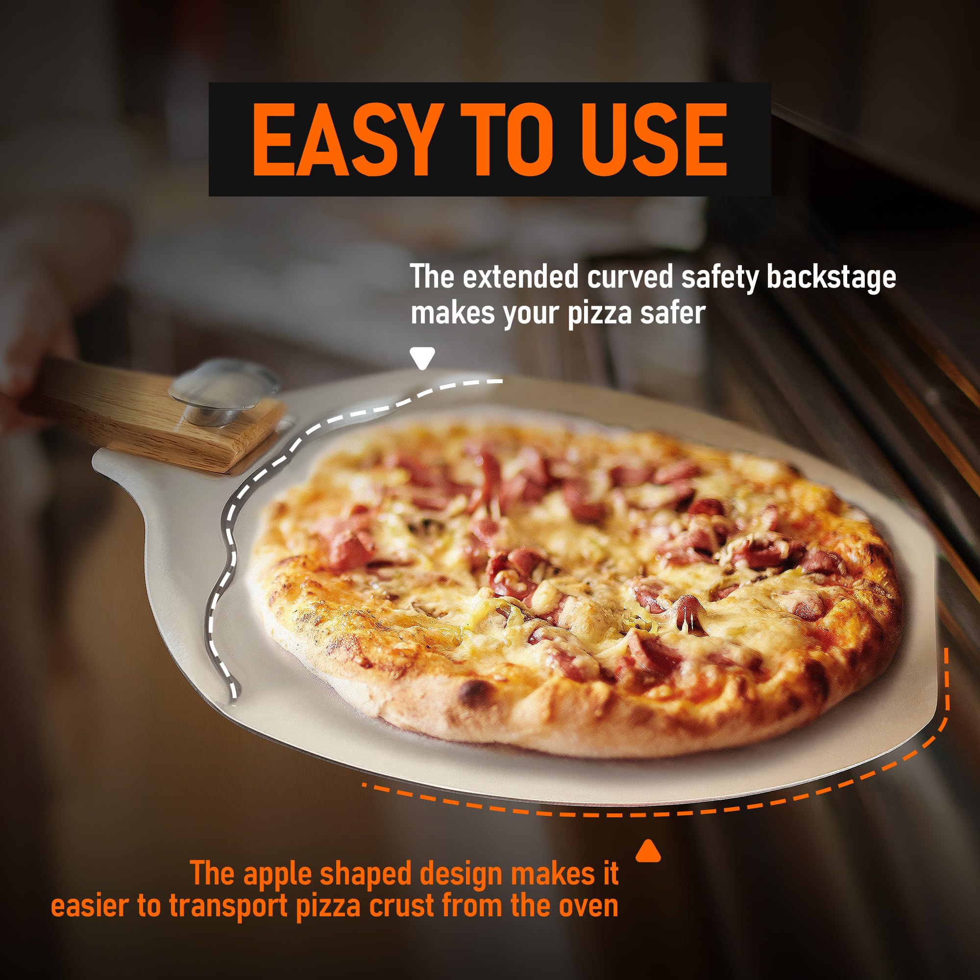 Diseño trasero de seguridad de Sharmila para retirar pizzas con seguridad.