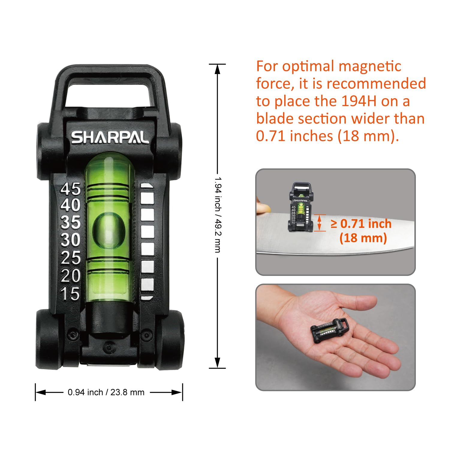 SHARPAL base magnética sujetando la guía en acero, estabilidad durante afilado