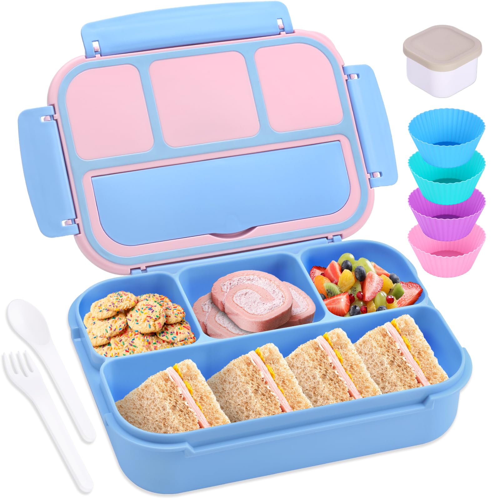 shell and turtle bento box azul-rosa abierta con 4 compartimentos