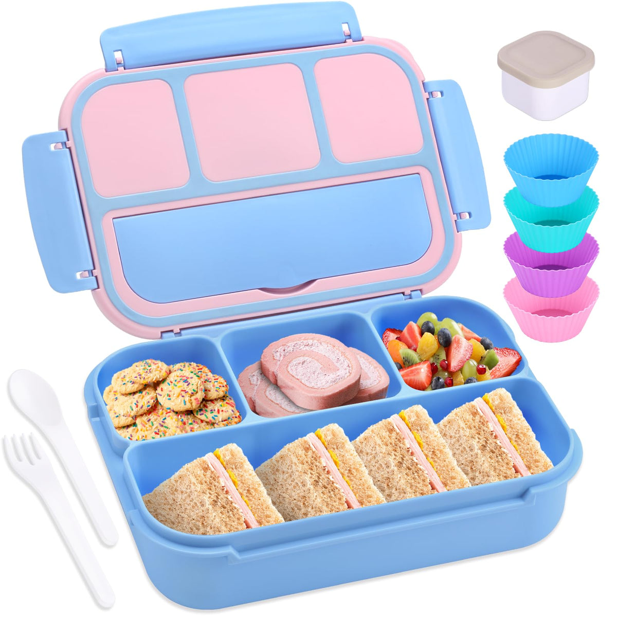 shell and turtle bento box azul-rosa abierta con 4 compartimentos