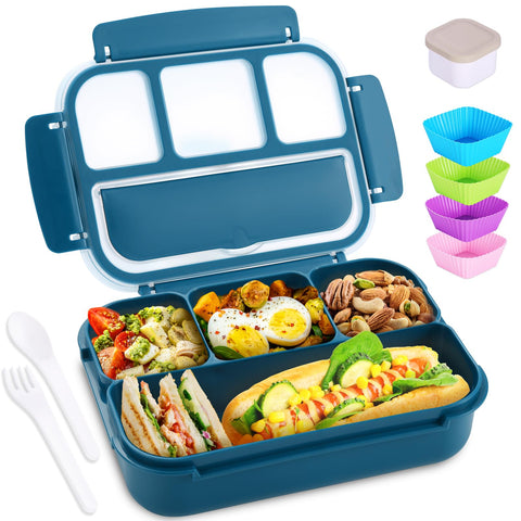 Shell and Turtle caja bento azul marino abierta con 4 compartimentos para organizar comidas.