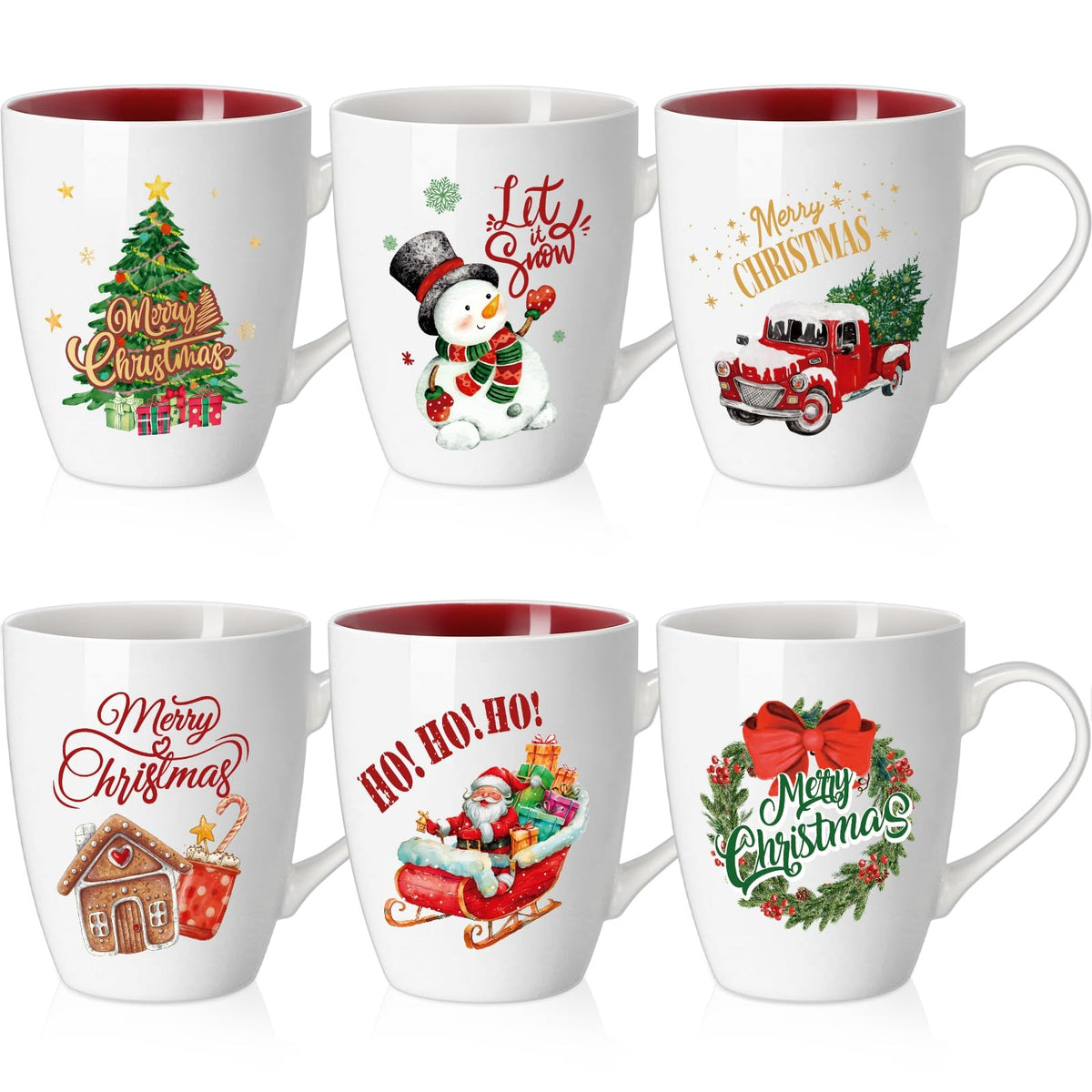 Shellwei 6-pack tazas navideñas de cerámica con asas, adecuadas para bebidas calientes festivas