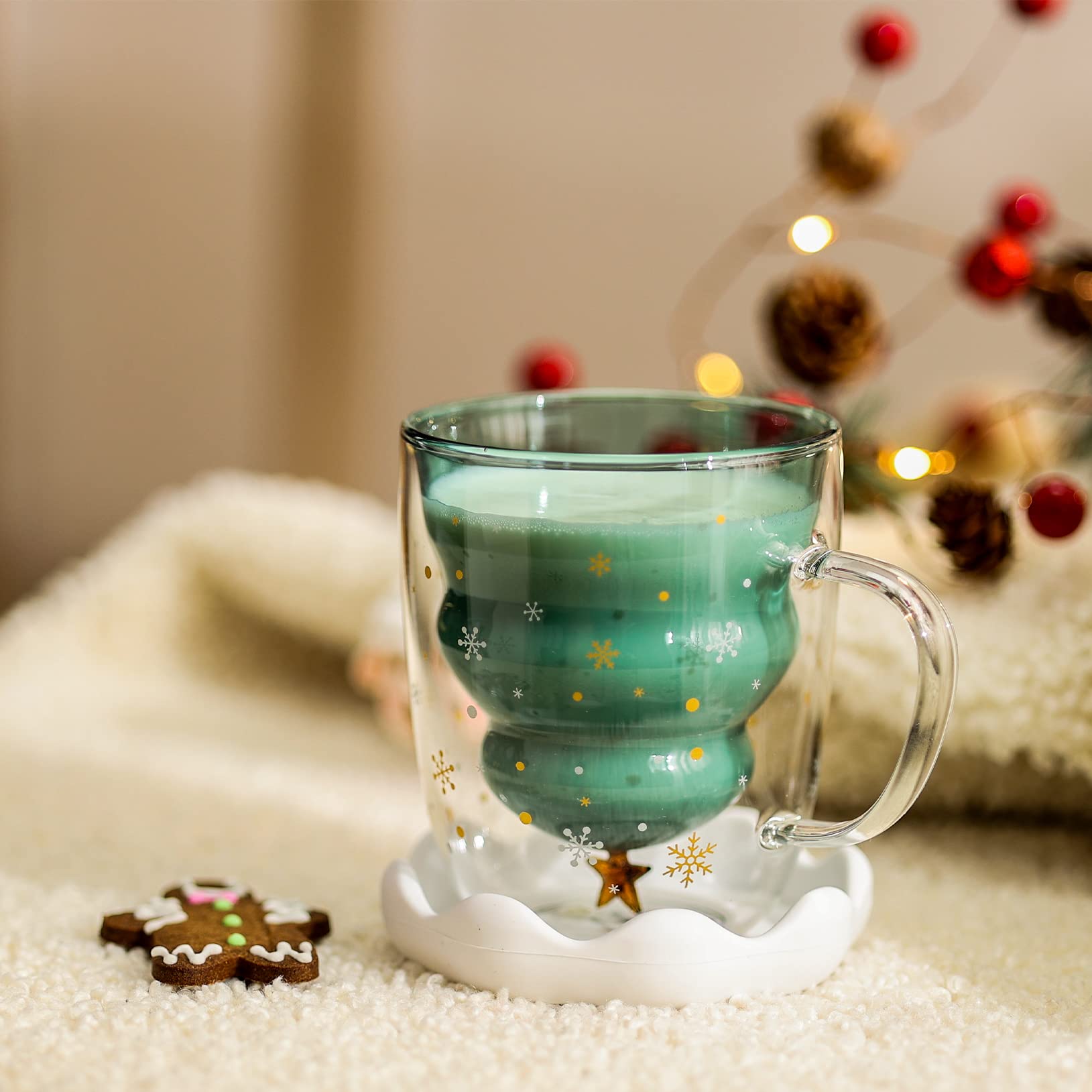 SHENDONG taza árbol navideño doble pared, evita quemaduras al servir bebidas.