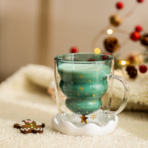 SHENDONG taza árbol navideño doble pared, evita quemaduras al servir bebidas.
