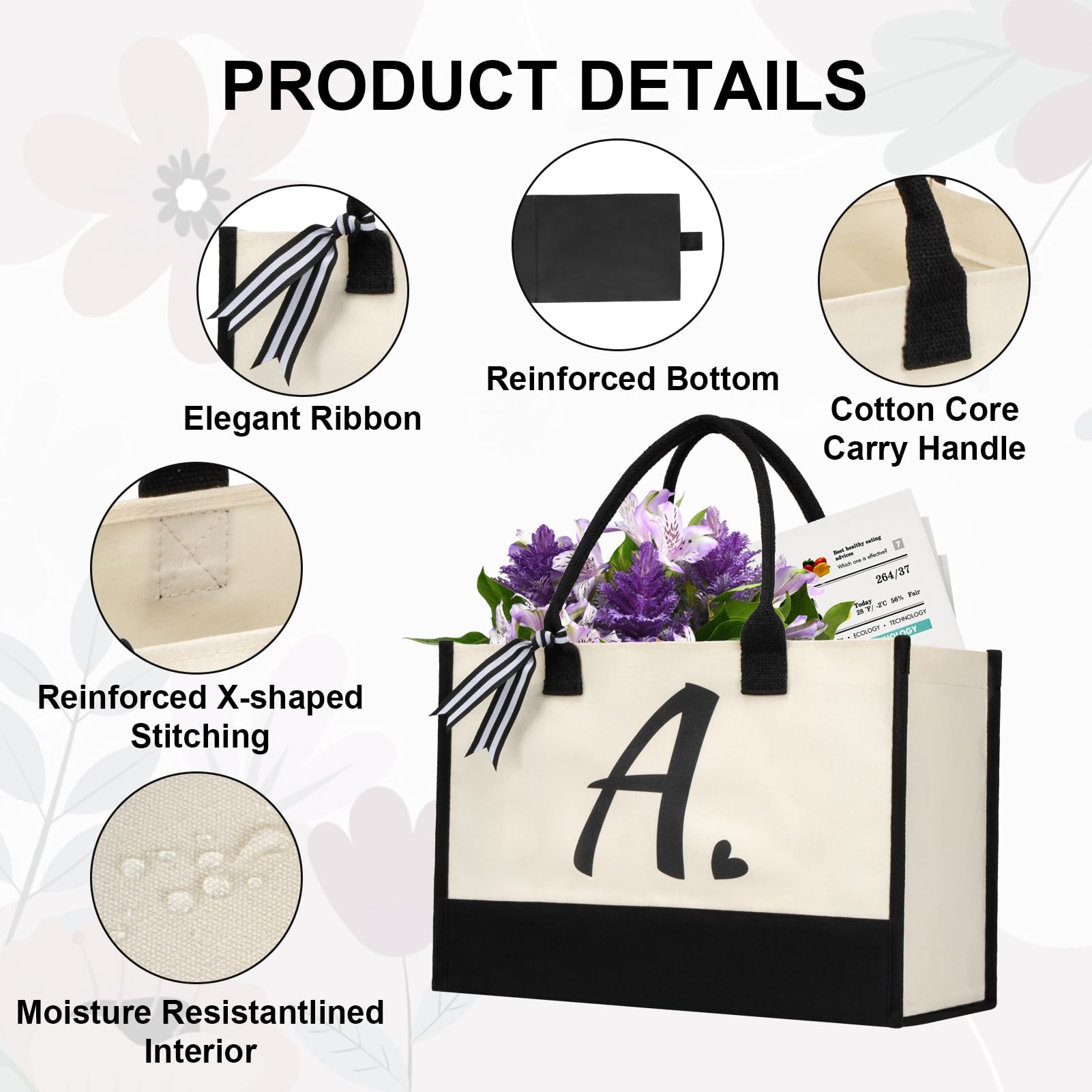 Shenee bolso tote lona inicial, base de PE para mejor protección.