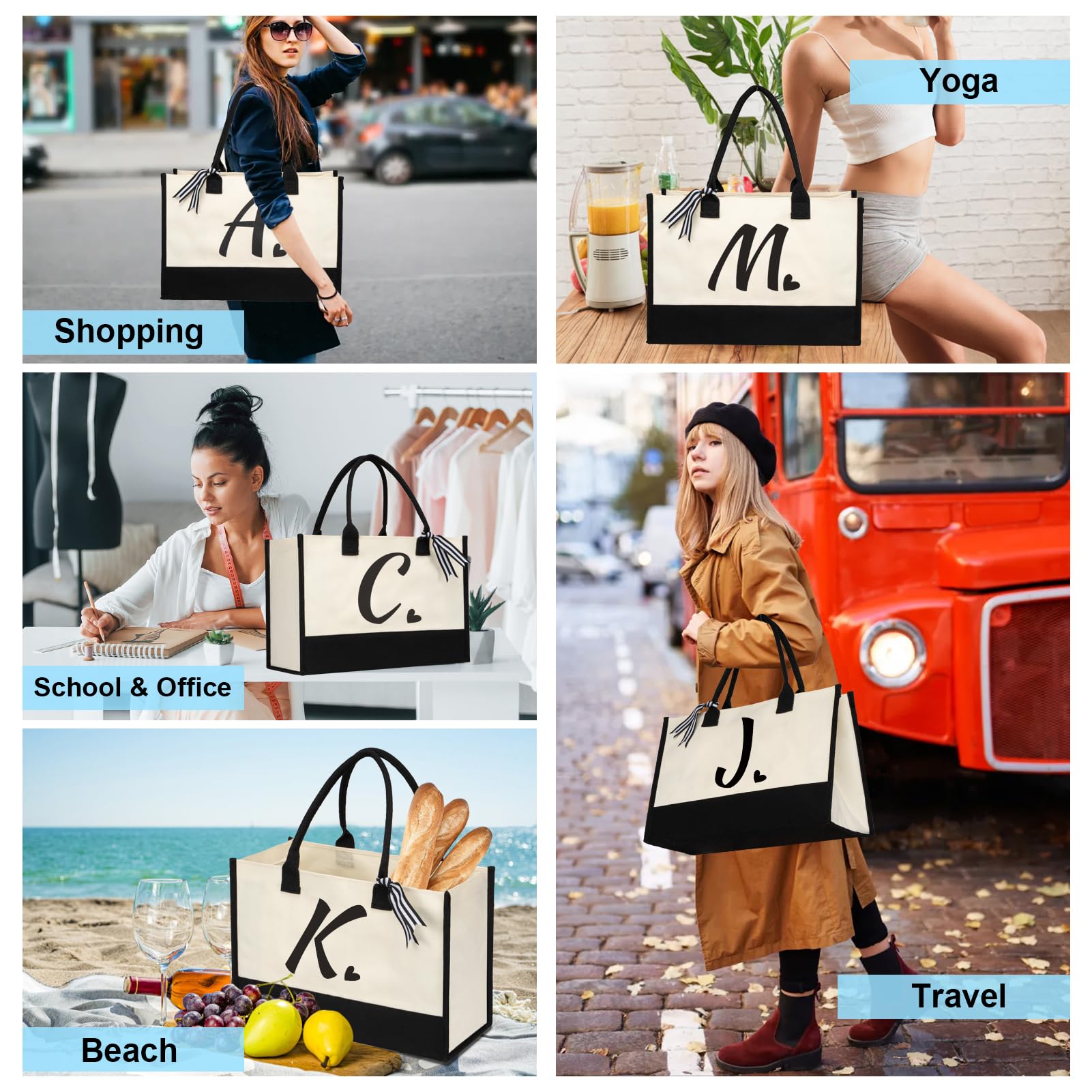 Shenee bolso tote lona inicial, uso diario y versátil para playa o compras.