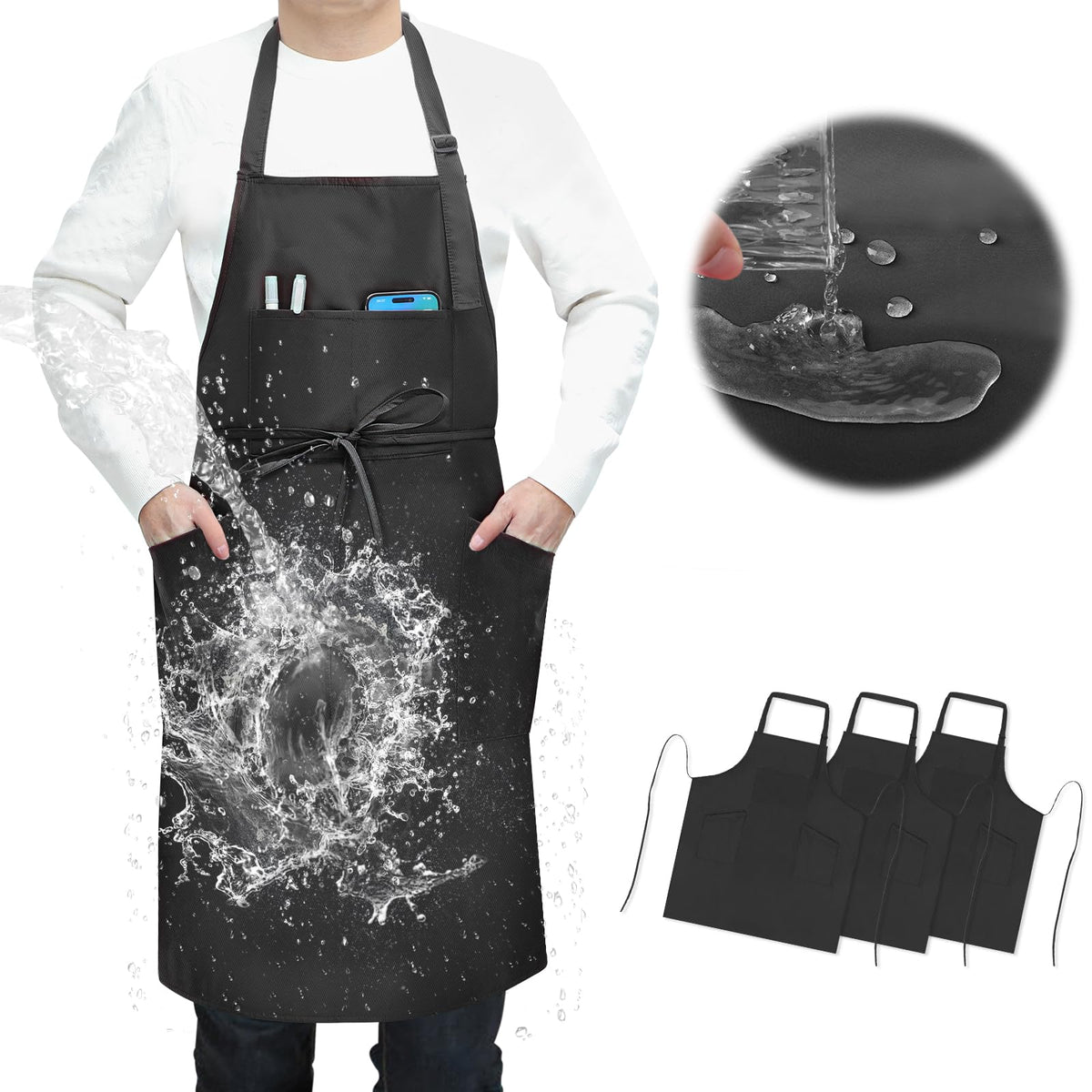 SHEOMERN delantal de cocina 3 piezas con 4 bolsillos para acceso rápido.