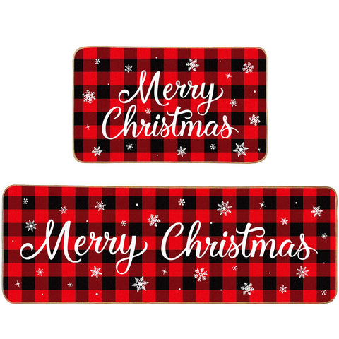 Alfombra Shihanee con cuadros rojos y negros, ideal para Navidad en la cocina.