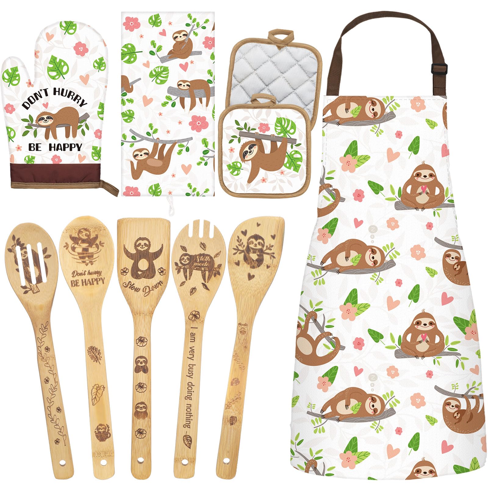 Shihanee Conjunto Navideño: cucharas de madera con perezoso, ideal para cocinar con estilo festivo.