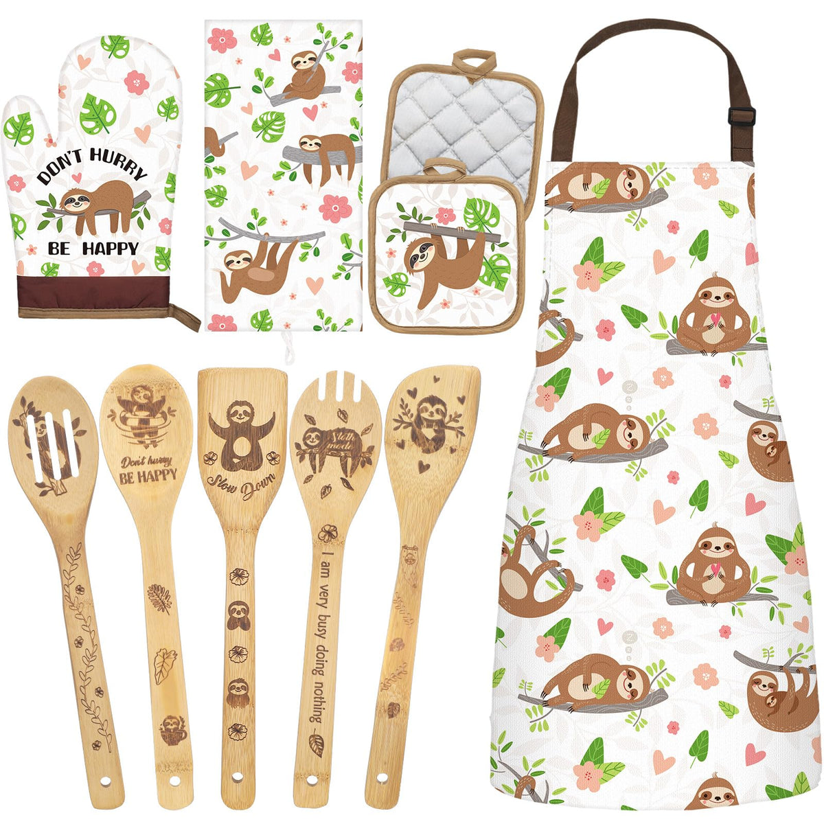 Shihanee Conjunto Navideño: cucharas de madera con perezoso, ideal para cocinar con estilo festivo.