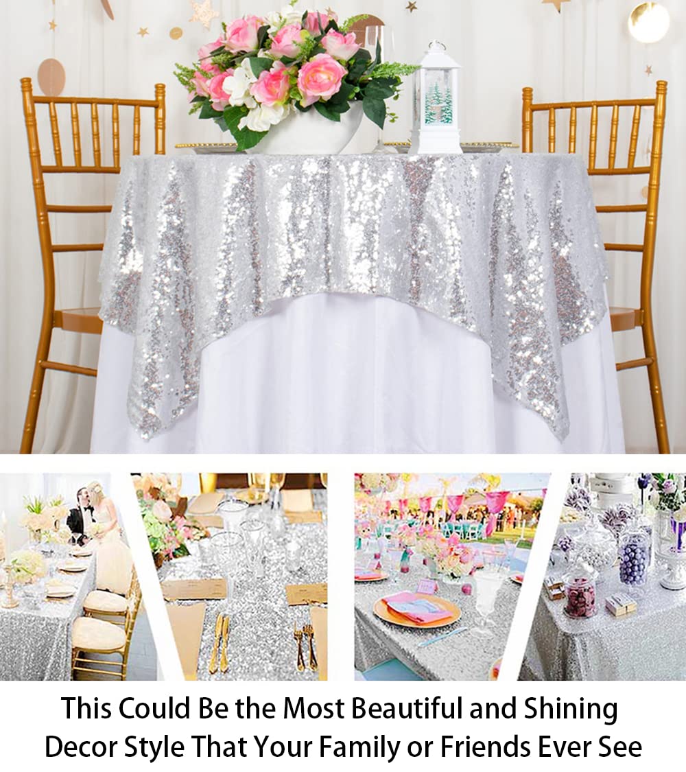Mantel ShinyBeauty lentejuelas plata en mesa de fiestas