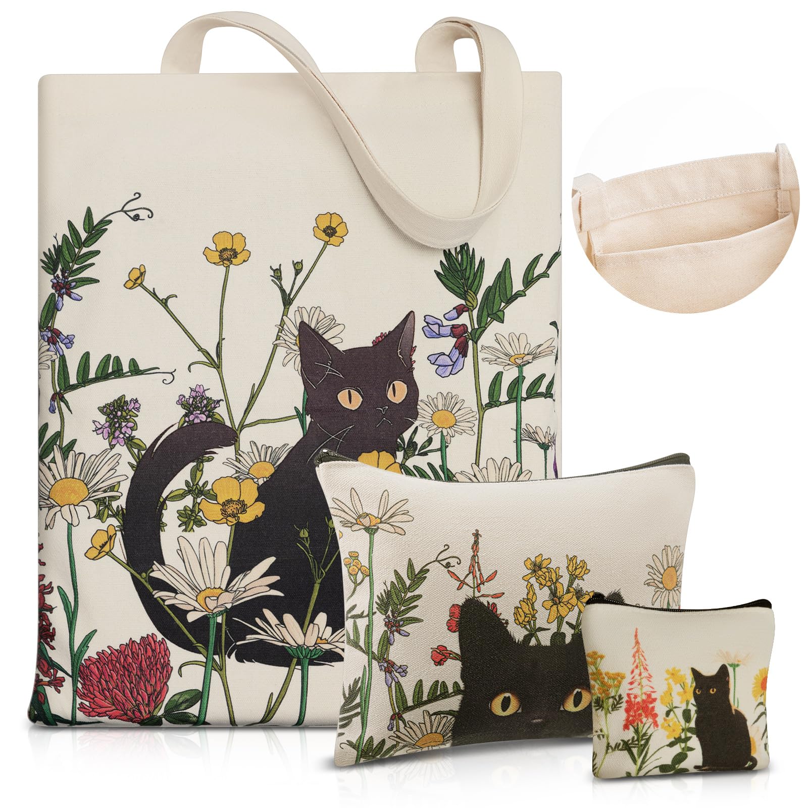 Shinylin bolsa tote de lienzo con gato negro y flores para compras reutilizables.