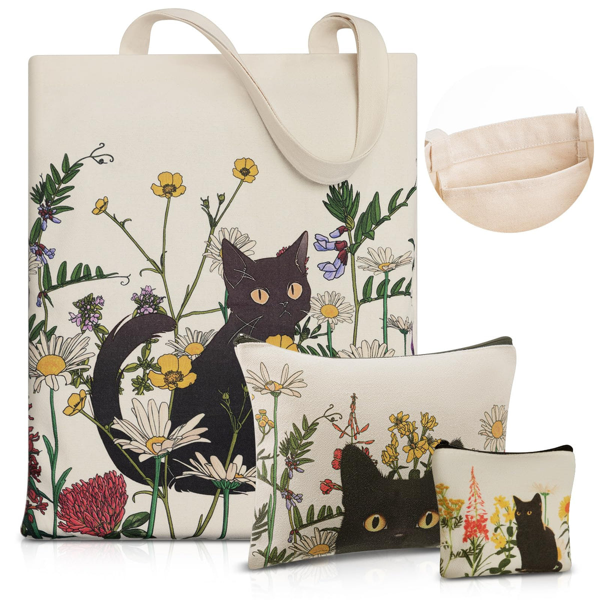 Shinylin bolsa tote de lienzo con gato negro y flores para compras reutilizables.