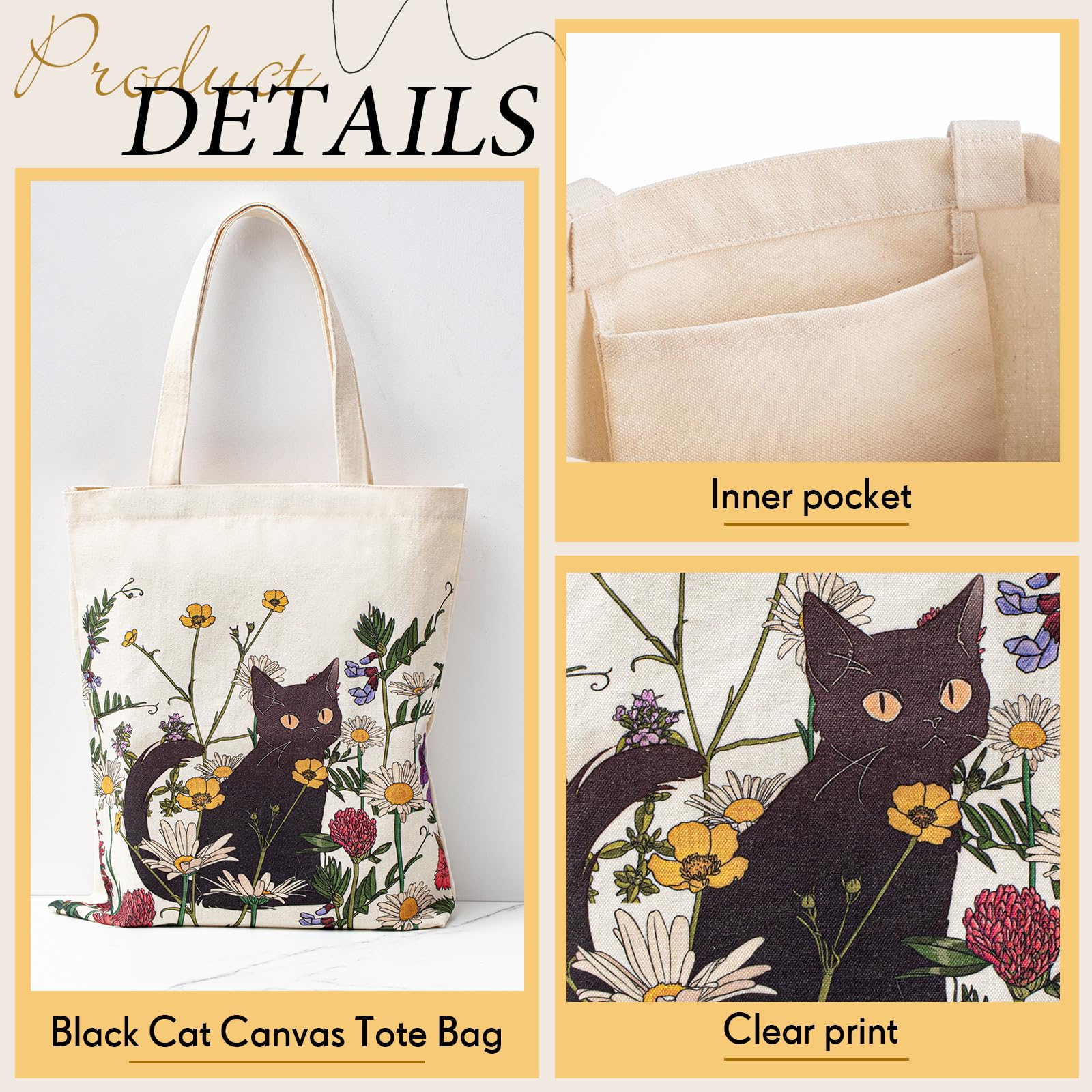 Shinylin diseño gato negro con flores, añade encanto a cualquier bolso.