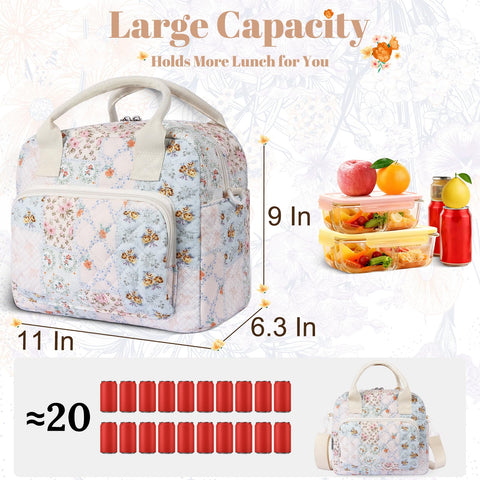 shiprabags bolsa lunch azul floral, gran compartimento para recipientes y snacks