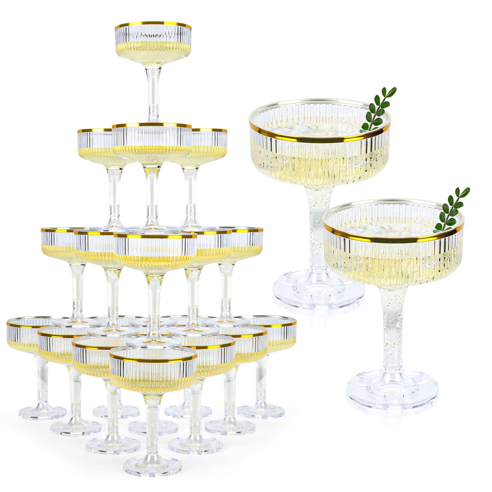 Copa SHIQIKEJIPTY para torre de champán de 7oz con borde dorado.