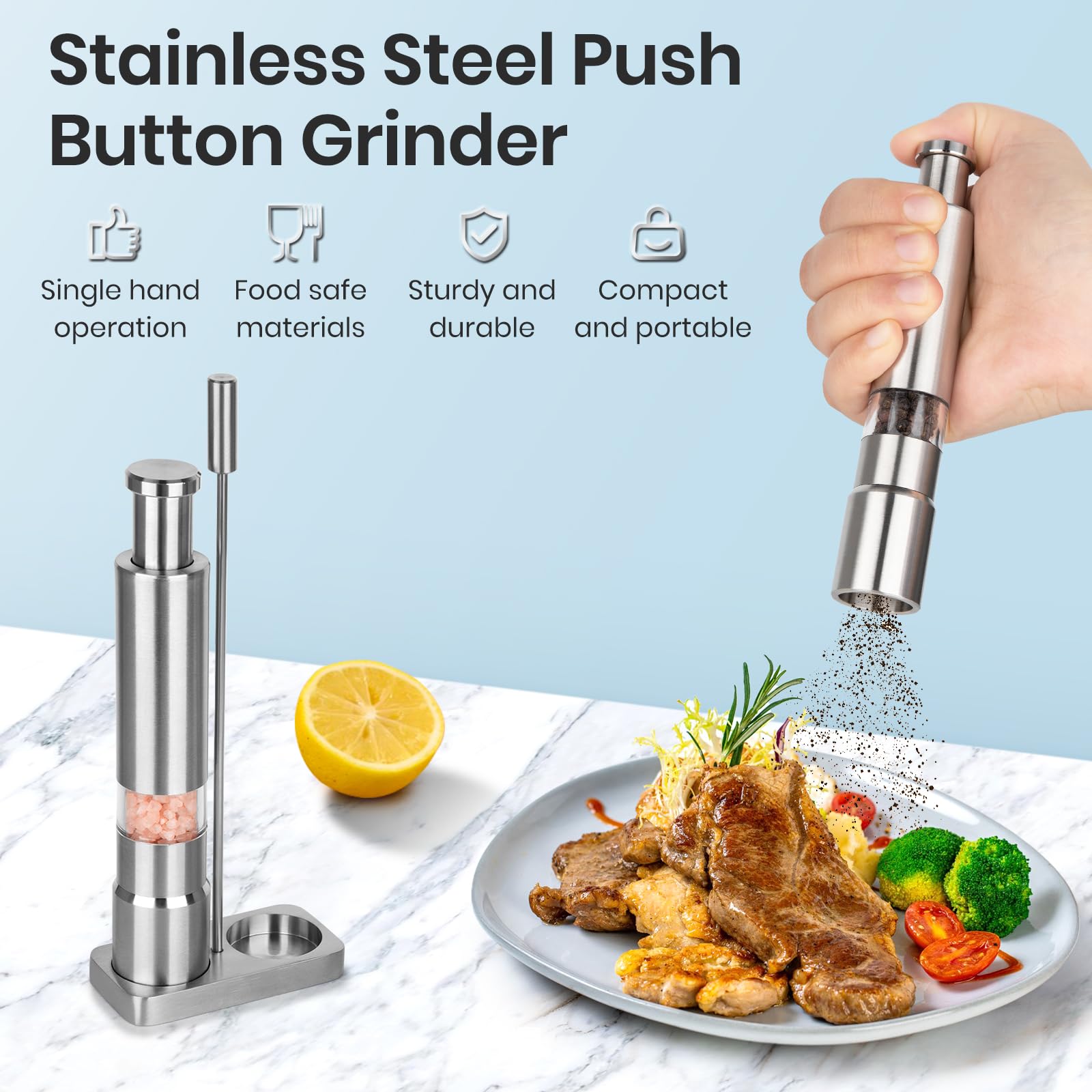 Molinillo de sal manual Shker con una mano, cómodo en la cocina.
