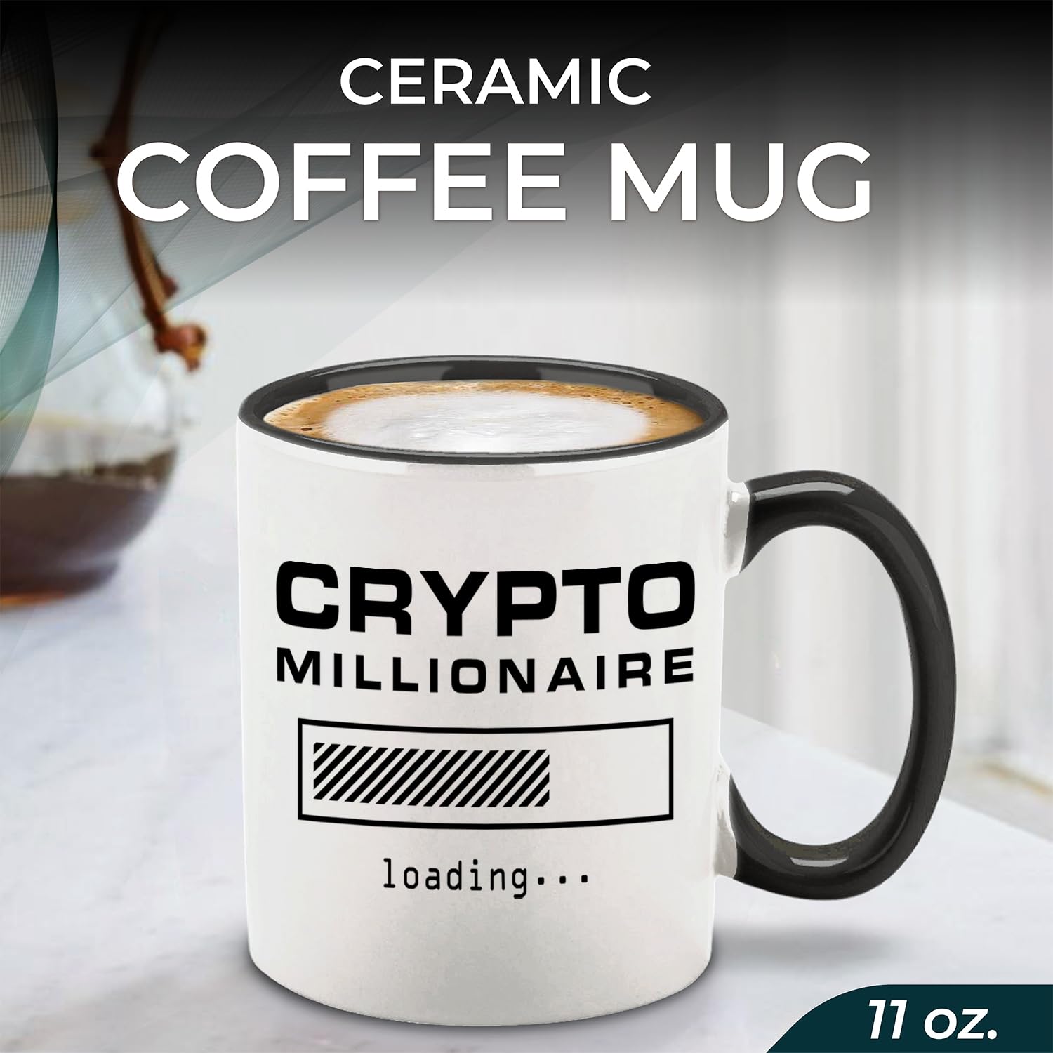 Shop4ever Taza Cripto Millonario Cargando, vista lateral, mango negro cómodo para uso diario.