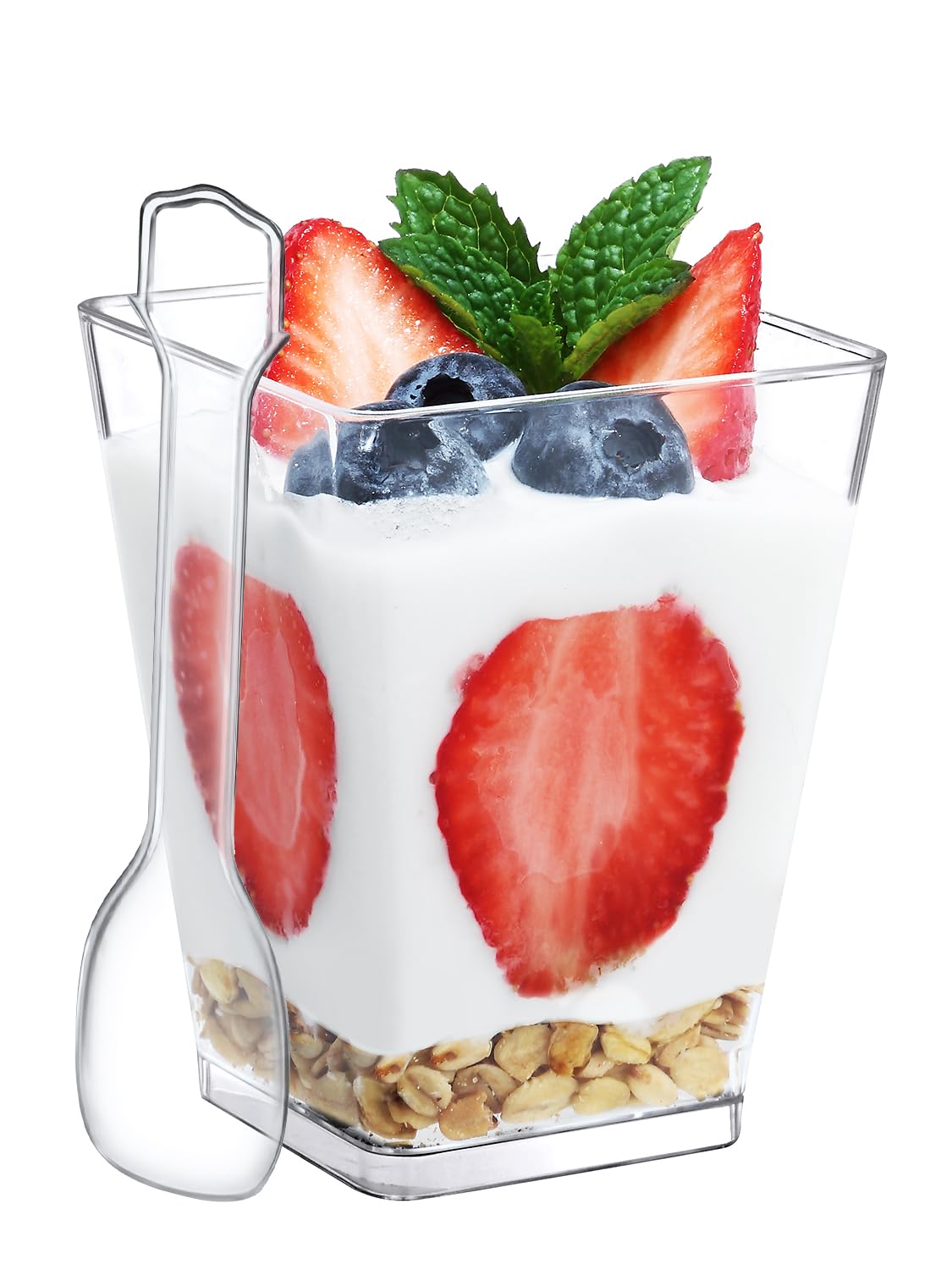 Vasos de postre SHOPDAY de plástico 5 oz, diseño cuadrado transparente, ideales para porciones individuales.