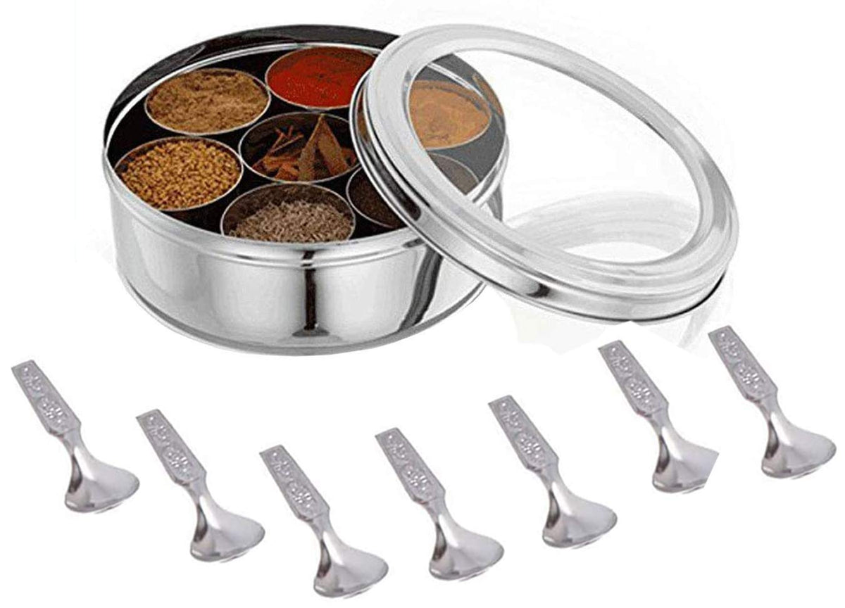 Caja de especias Shourya Trading con 7 compartimentos y cierre hermético.
