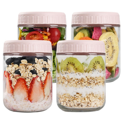 SHOWIN frascos de vidrio para avena nocturna con tapa rosa, 16 onzas, ideal para refrigerar.