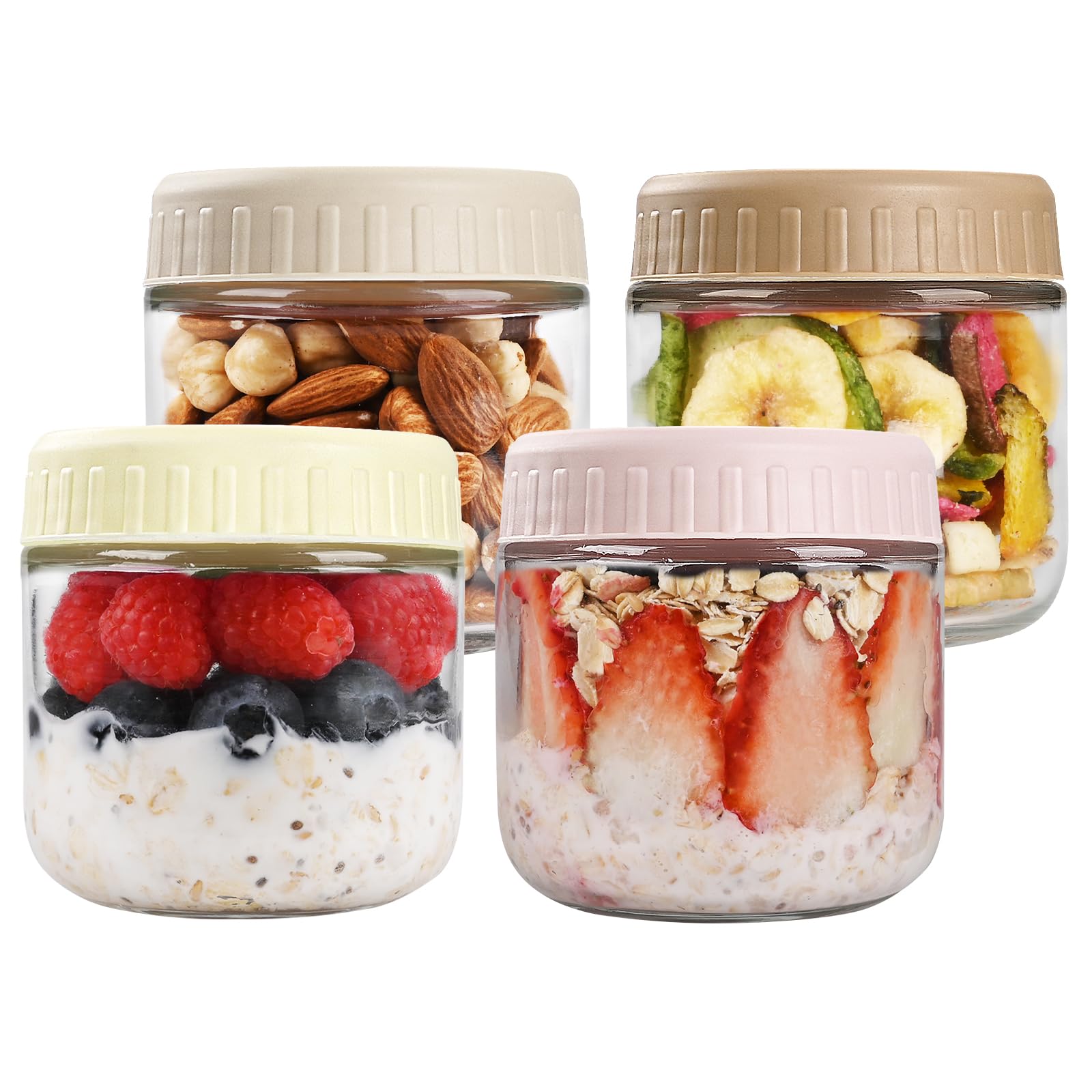 SHOWIN jarras de vidrio 10 oz con tapas, almacenamiento seguro para yogur y desayunos.
