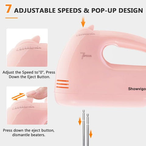 Diseño ergonómico rosa de Showvigor Handmixer, uso cómodo.