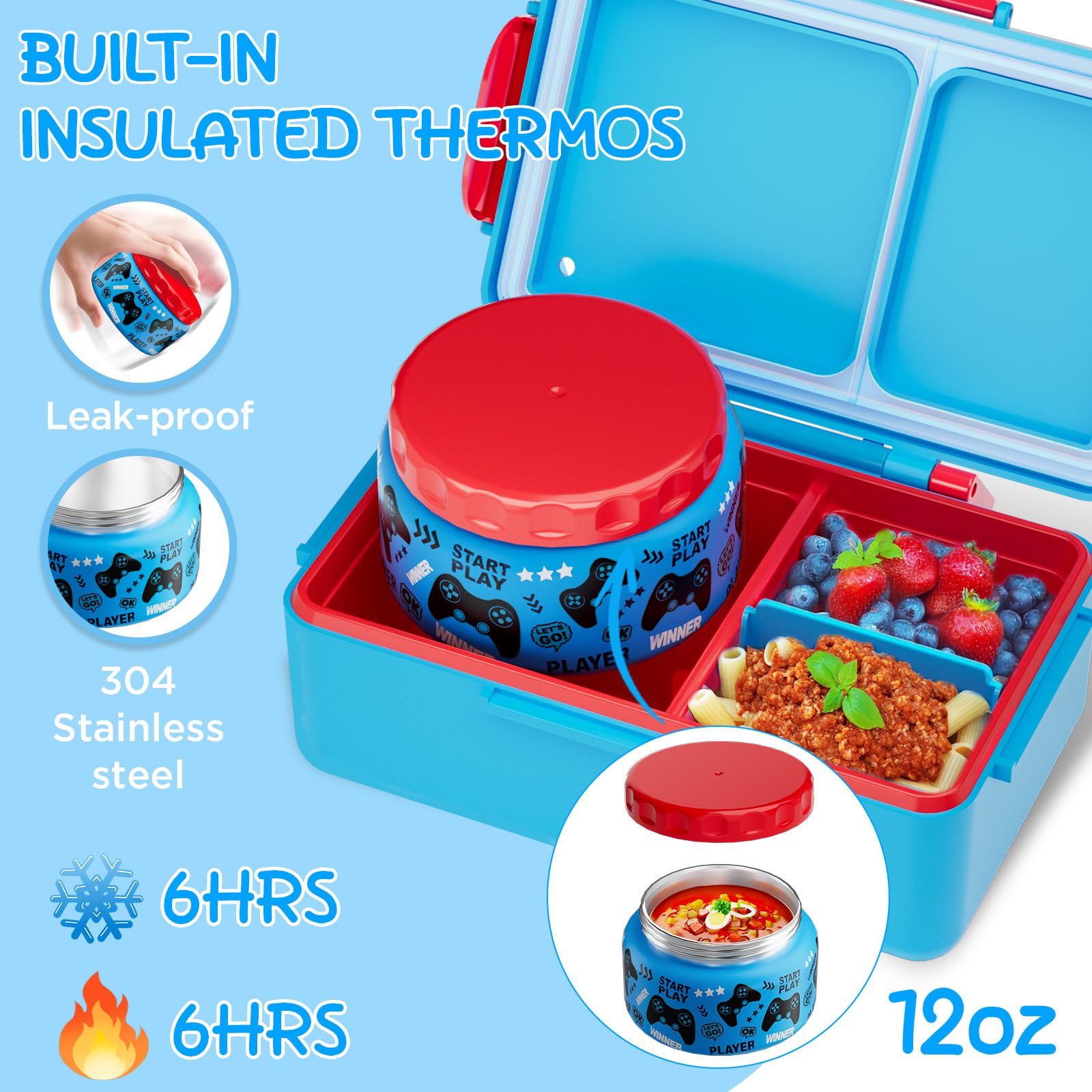 SHPMXUPW Game Kids Bento con 3 compartimentos para comidas variadas.