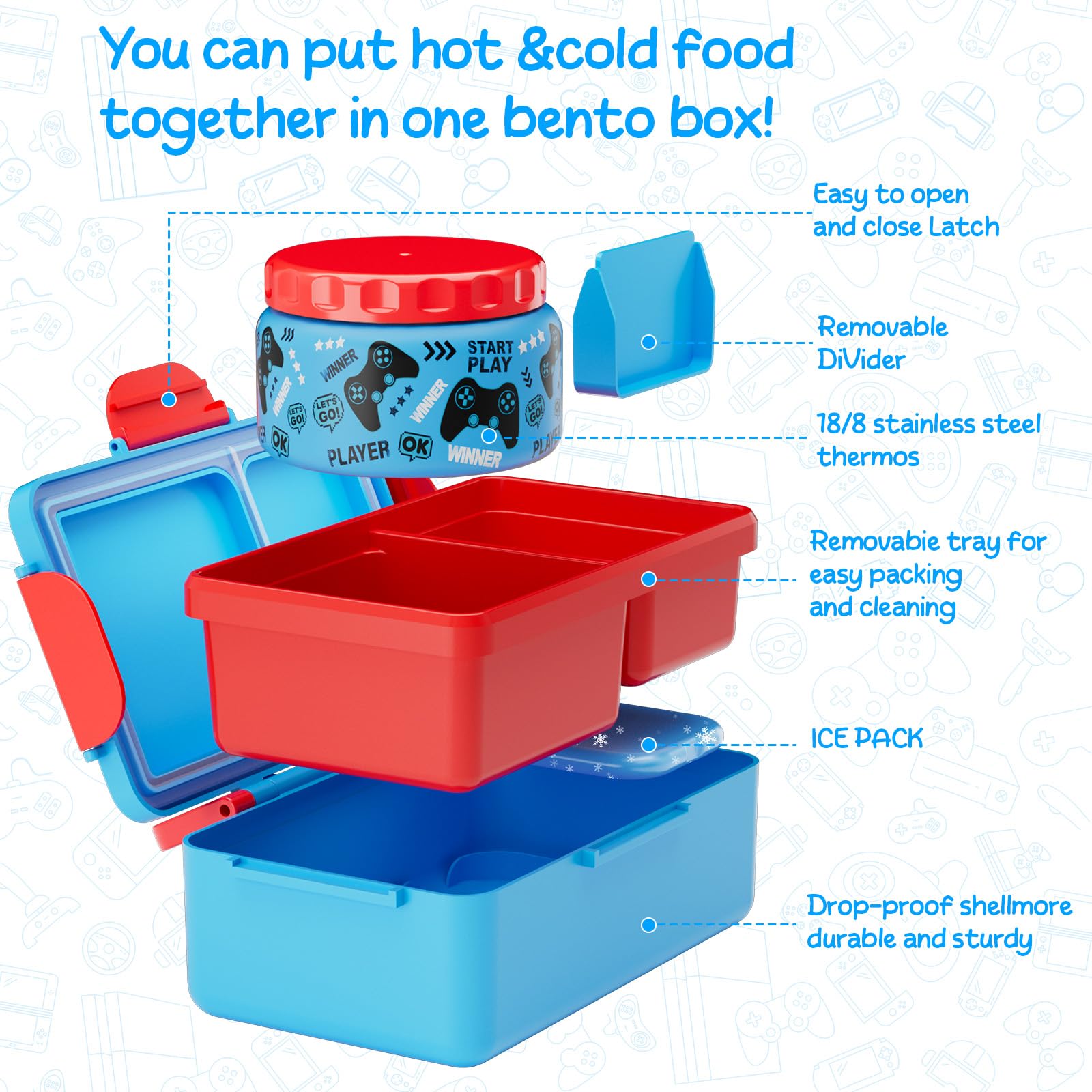 SHPMXUPW Game Kids Bento termo 12oz para calor o frío.