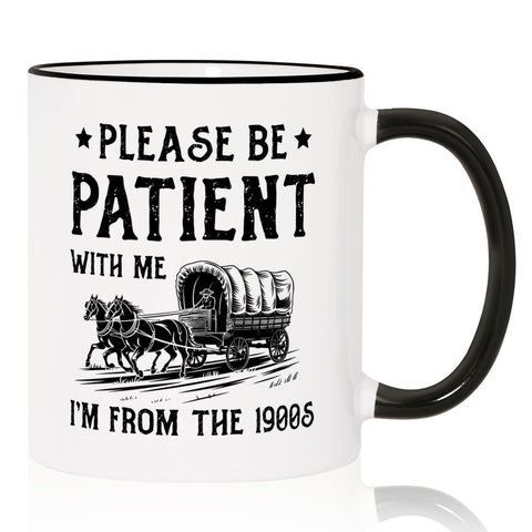 Shqiueos 1900s, frente: taza retro en blanco y negro para la nostalgia diaria.