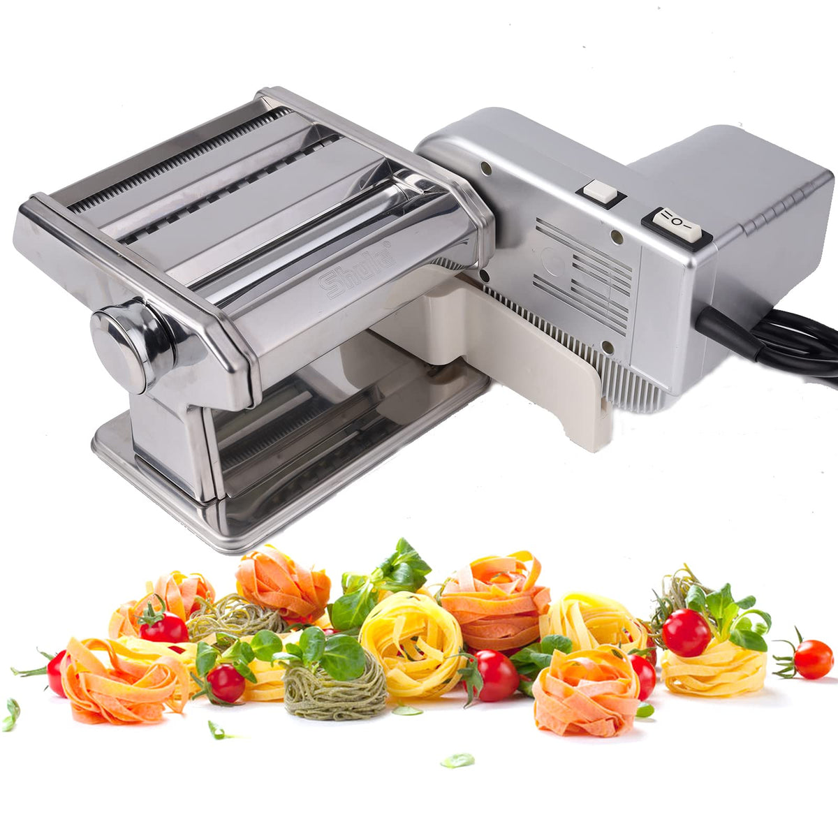 Shule Pasta Maker: motor eléctrico en uso para pasta casera fácil y rápida.